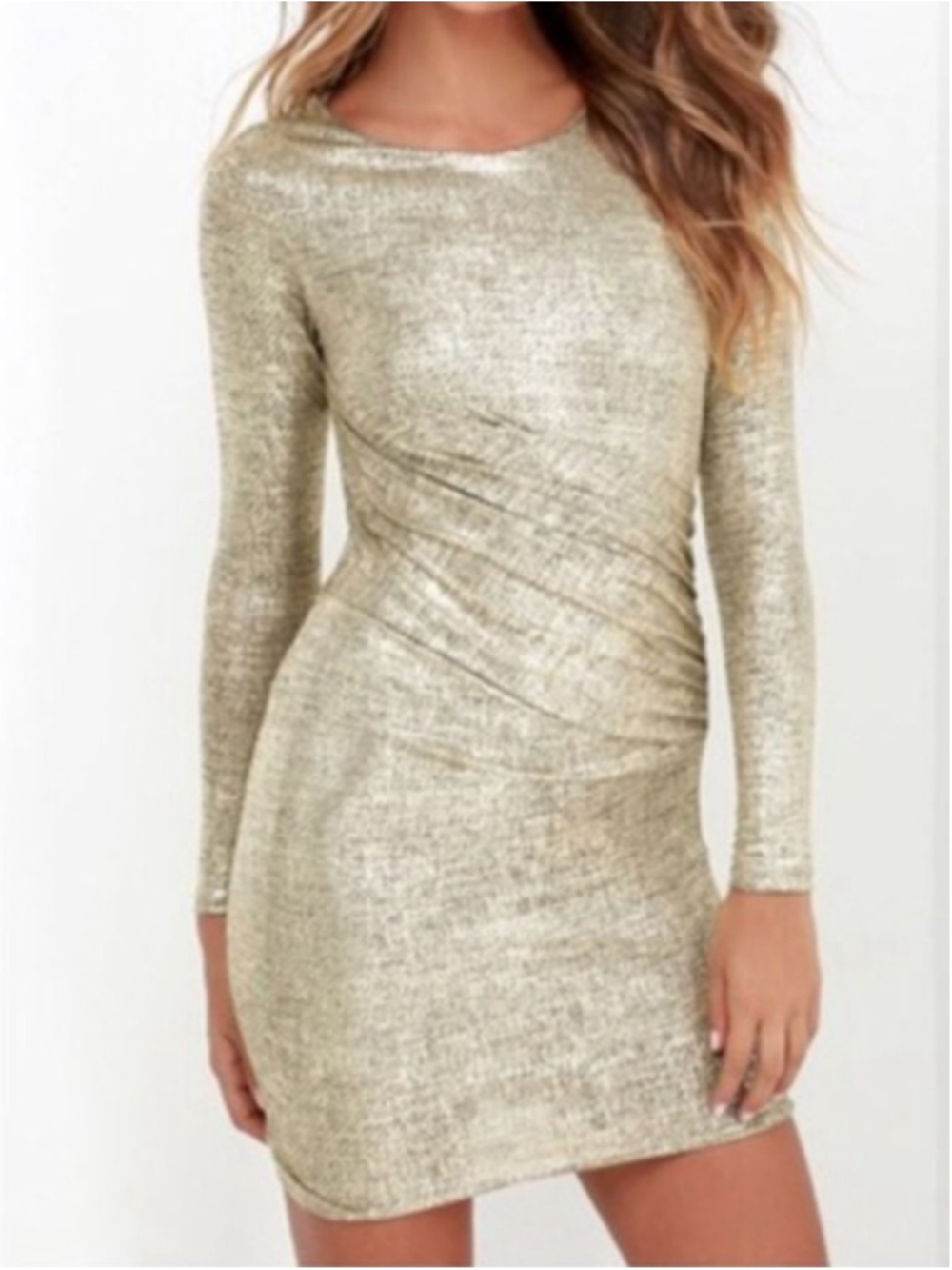 Lulus Metallic Gold Long Sleeve Ruched Mini Dress L Shimmer Shiny Party